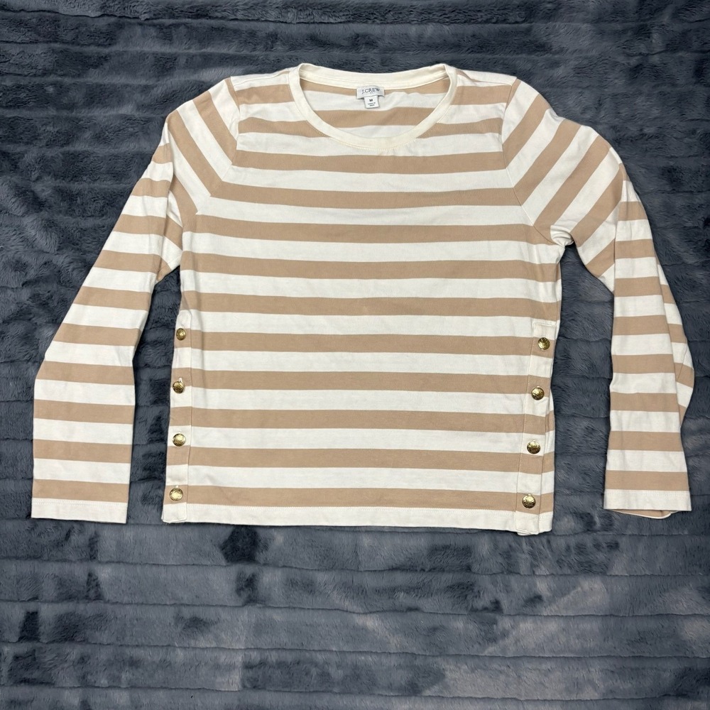 J.Crew Womens Striped Long Sleeve T-Shirt Tan White Gold Side Buttons Size M